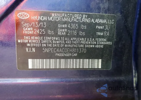 2014 Hyundai Sonata Se z USA, uszkodzony, nr VIN 5NPEC4AC0EH811370